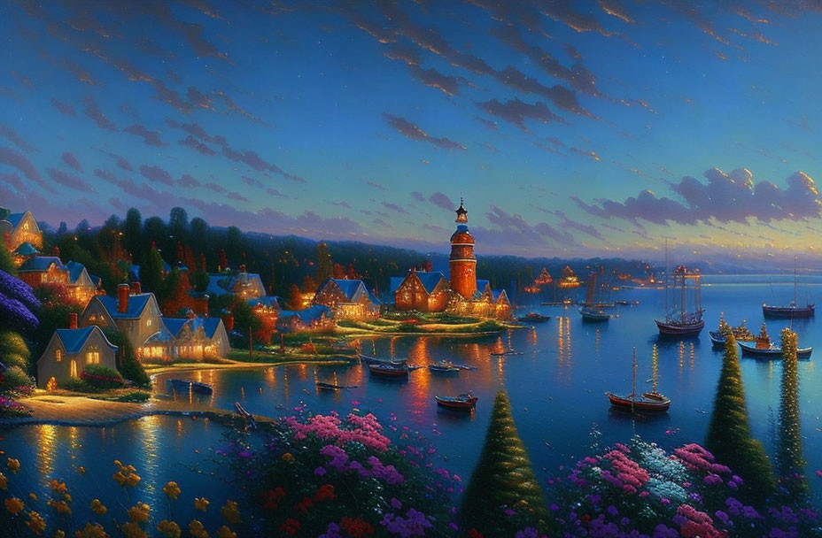 Vibrant harbor scene at dusk: lit buildings, blooming flowers, boats, lighthouse,