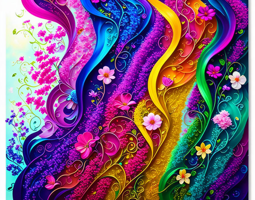 Colorful Abstract Digital Artwork with Flowers and Sparkling Embellishments