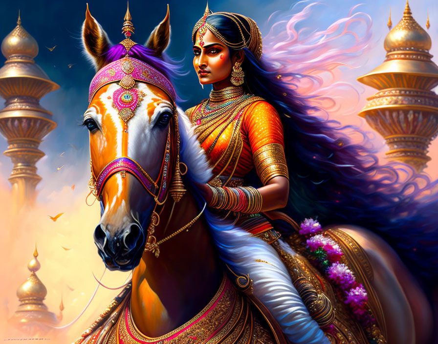 Traditional Indian Attire Woman Riding Decorated Horse in Ethereal Setting