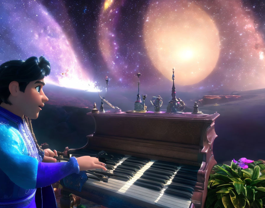 Animated character playing piano outdoors against cosmic background with planets, nebulae, and starry sky.