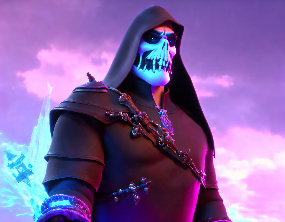 Glowing blue skull character in dark cloak against purple sky