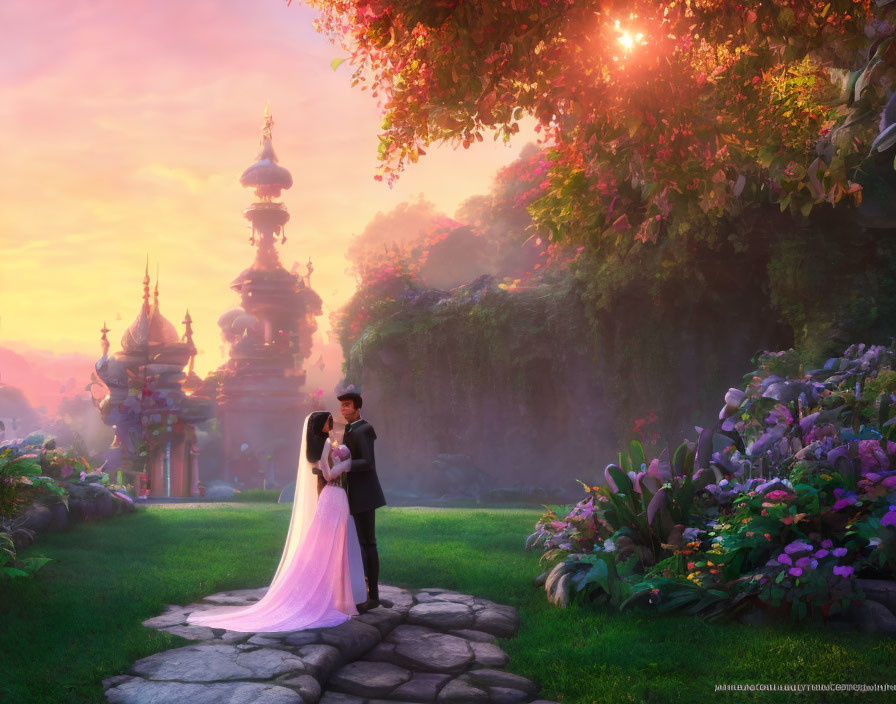 Formal Attired Couple Embraces in Magical Garden with Ornate Pavilions