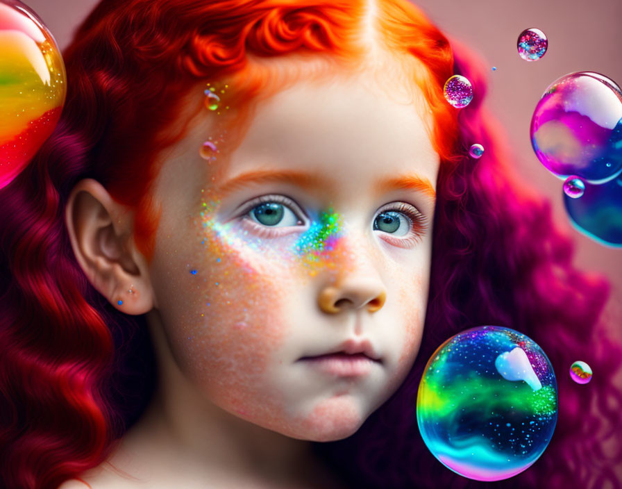 Child with Red Hair and Freckles Watching Iridescent Bubbles on Pink Background