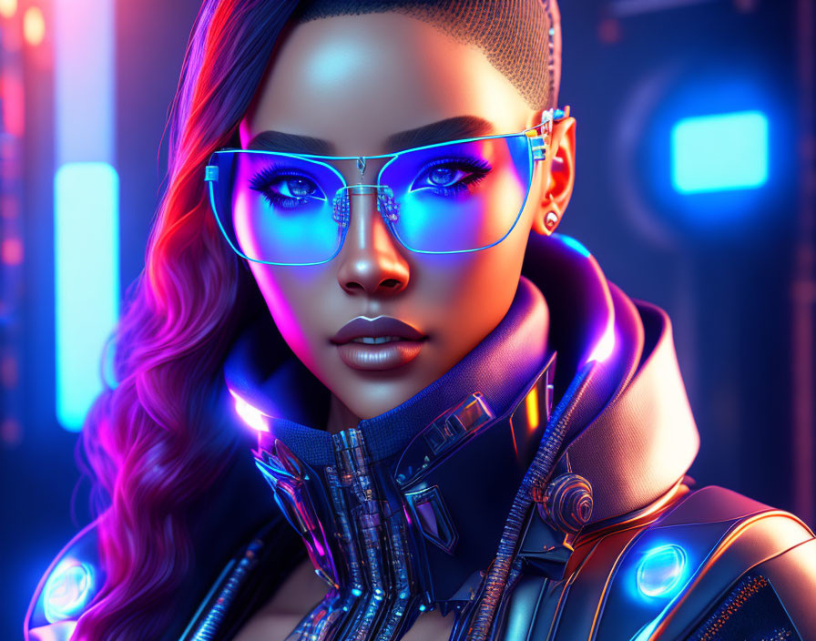 Futuristic digital artwork of a woman in neon cyberpunk attire