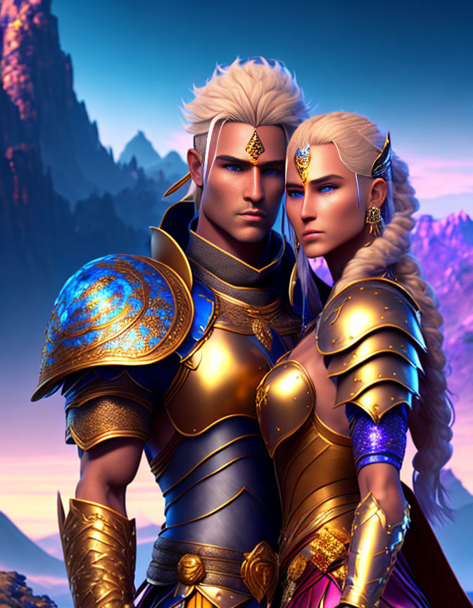 Stylized animated characters in golden armor against mountain backdrop