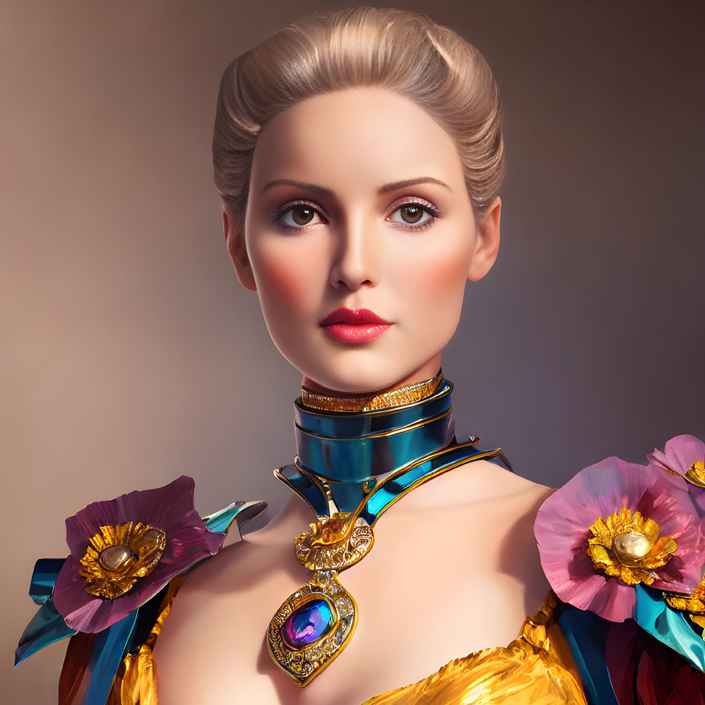 Digital artwork featuring woman with vintage hairstyle and floral shoulder embellishments