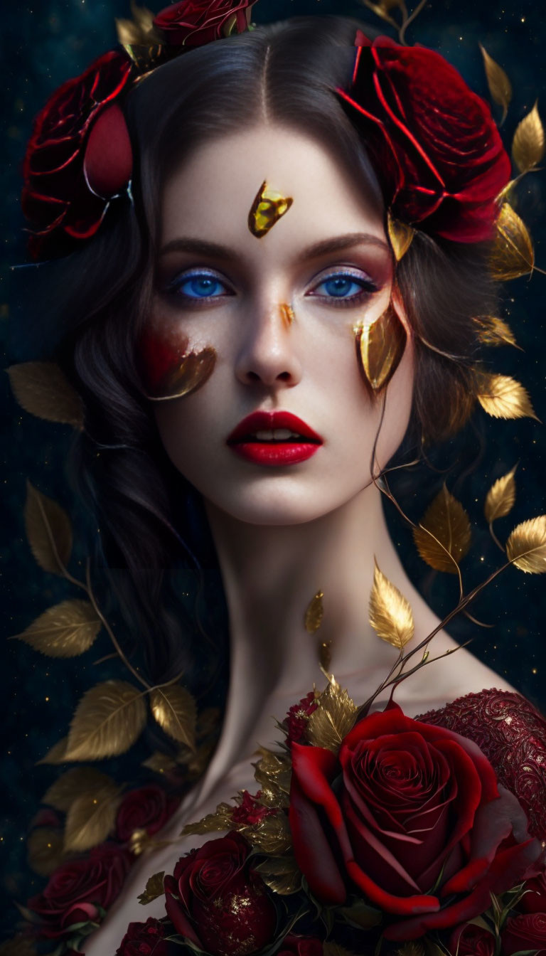 Blue-eyed woman with red lips, rose petals, and golden leaves under starry night.