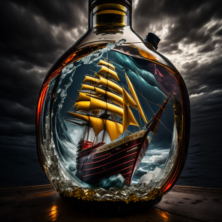 Golden sails ship in glass bottle on stormy sky backdrop