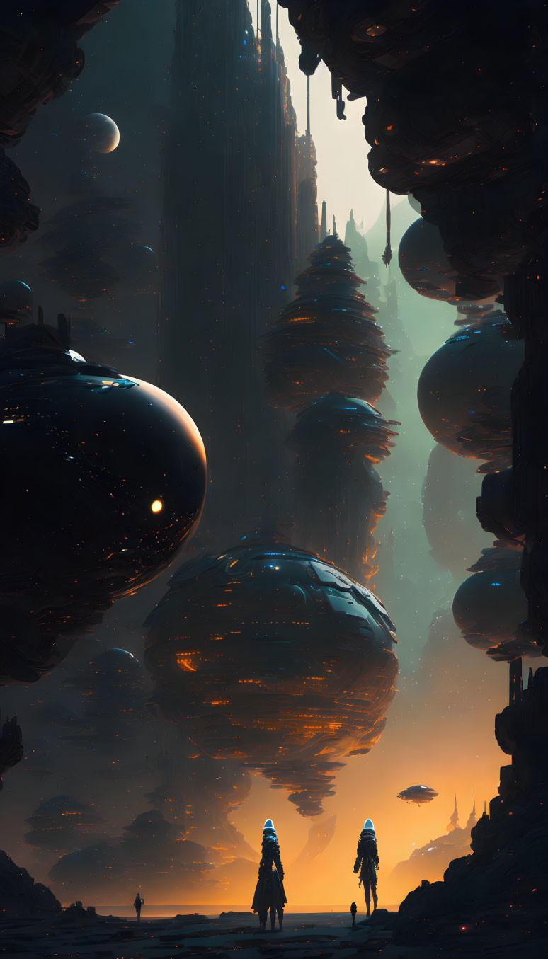 Desolate landscape with towering rocks and hovering orbs in dusky sky