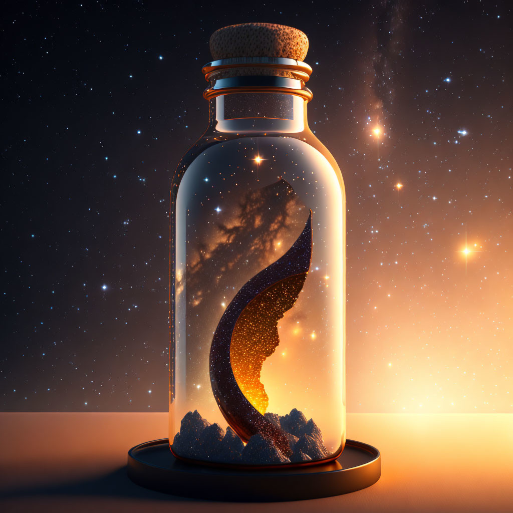 Glass jar with cork on stand, swirling cosmic scene with stars and pathway to starry horizon.