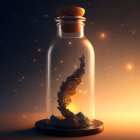 Glass jar with cork on stand, swirling cosmic scene with stars and pathway to starry horizon.