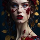 Blue-eyed woman with red lips, rose petals, and golden leaves under starry night.