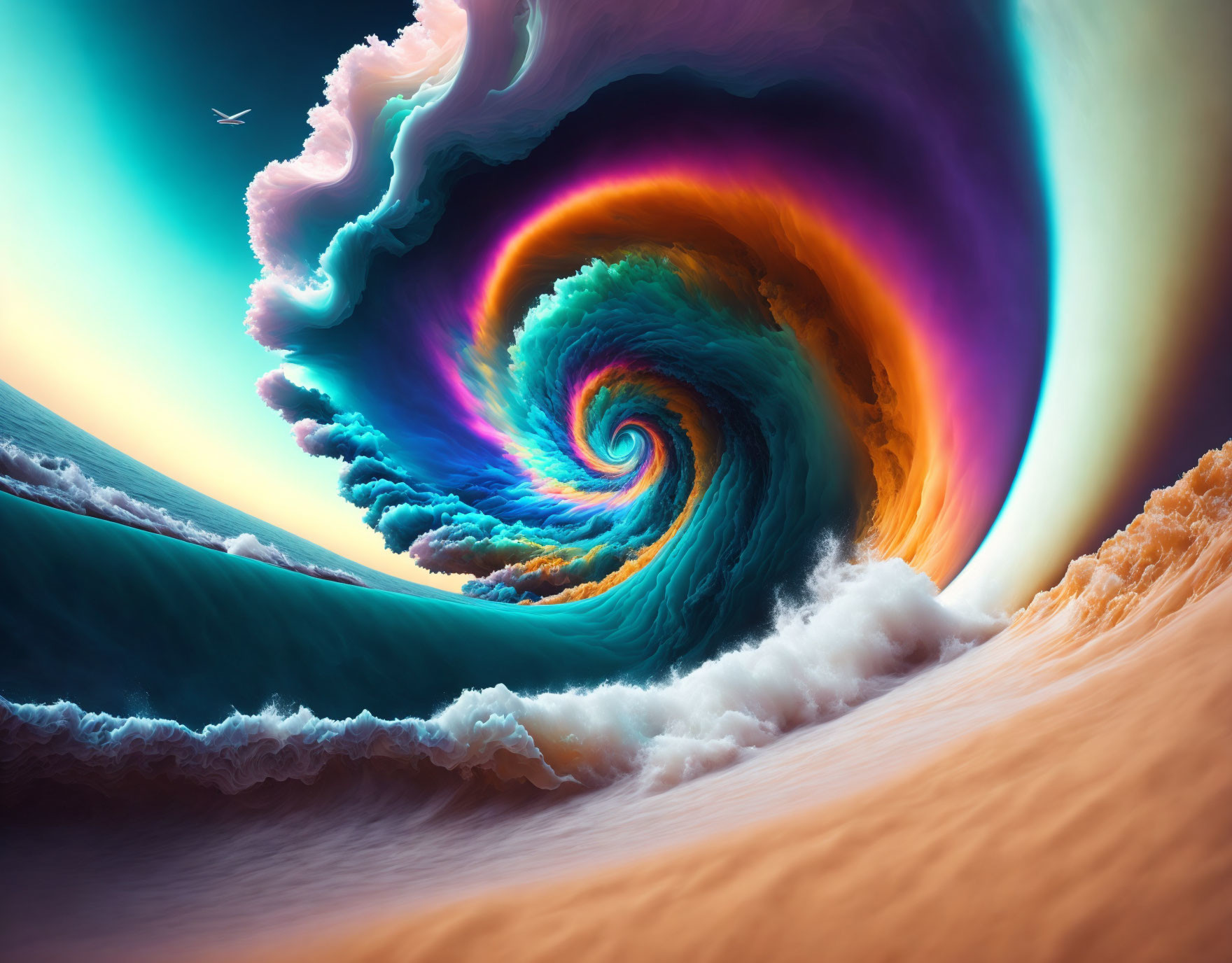 Vibrant surreal wave with bird and sandy shore