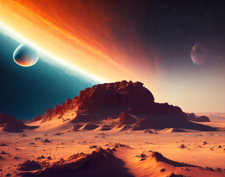 Sci-fi desert landscape with orange sky and celestial bodies