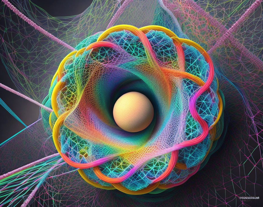 Colorful Fractal Art: Textured Sphere with Neon Web Patterns