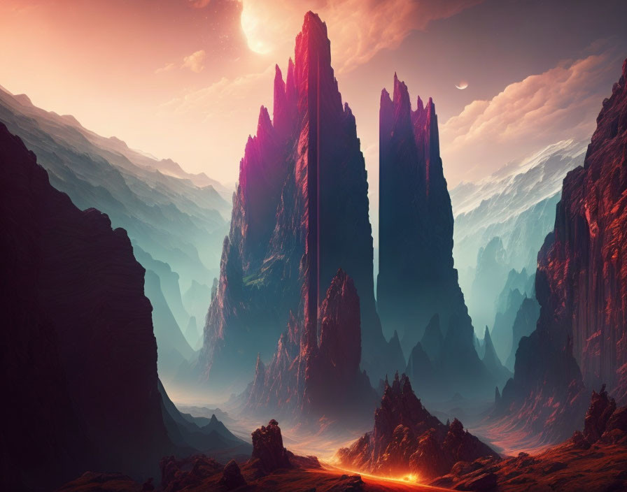 Fantastical landscape with dark rock formations under a large sun and distant moons.