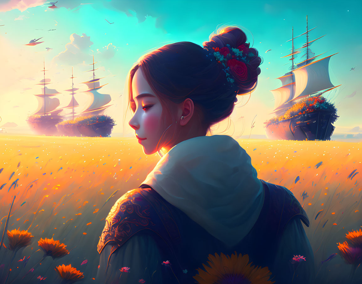 Traditional Attire Woman in Flower Field at Sunset