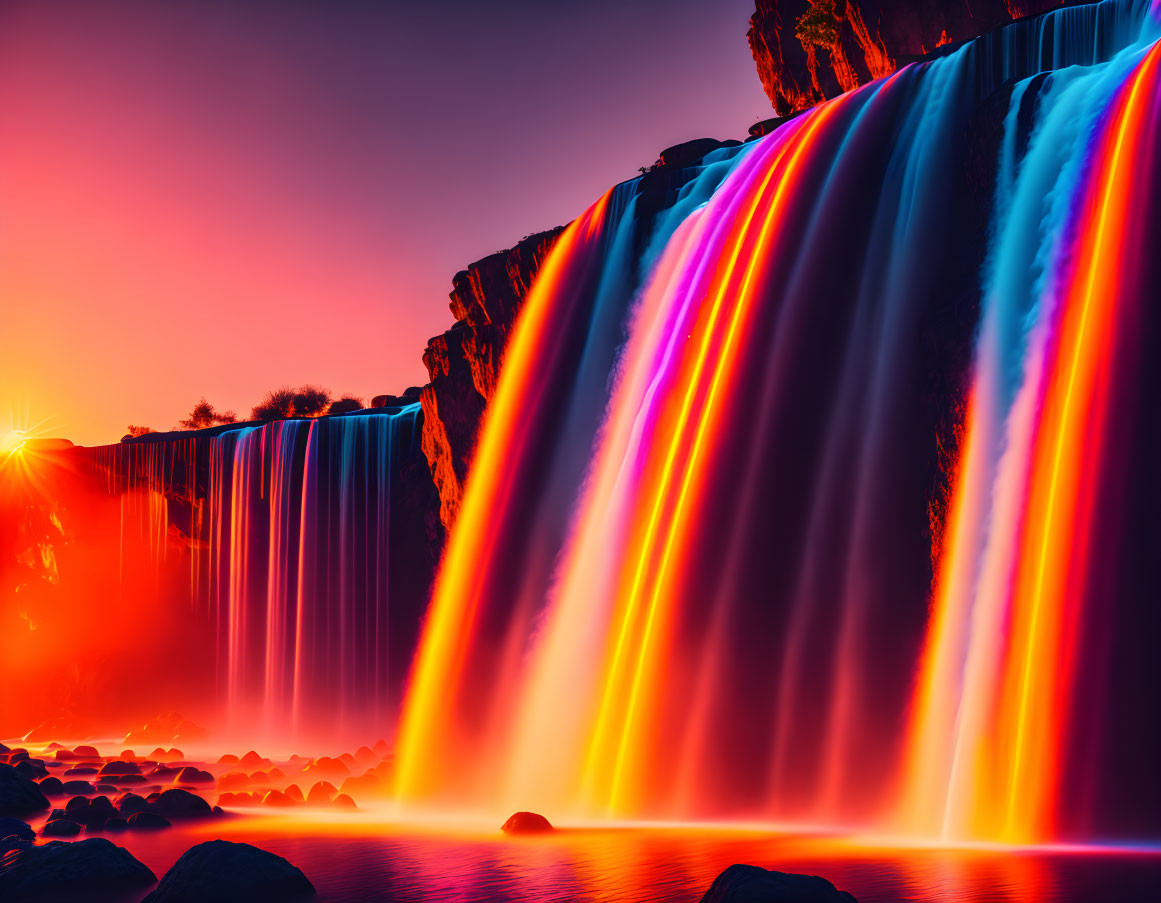 Colorful Neon-Lit Waterfall at Sunset