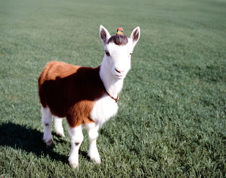 White and Brown Goat with Colorful Hat Standing on Grass