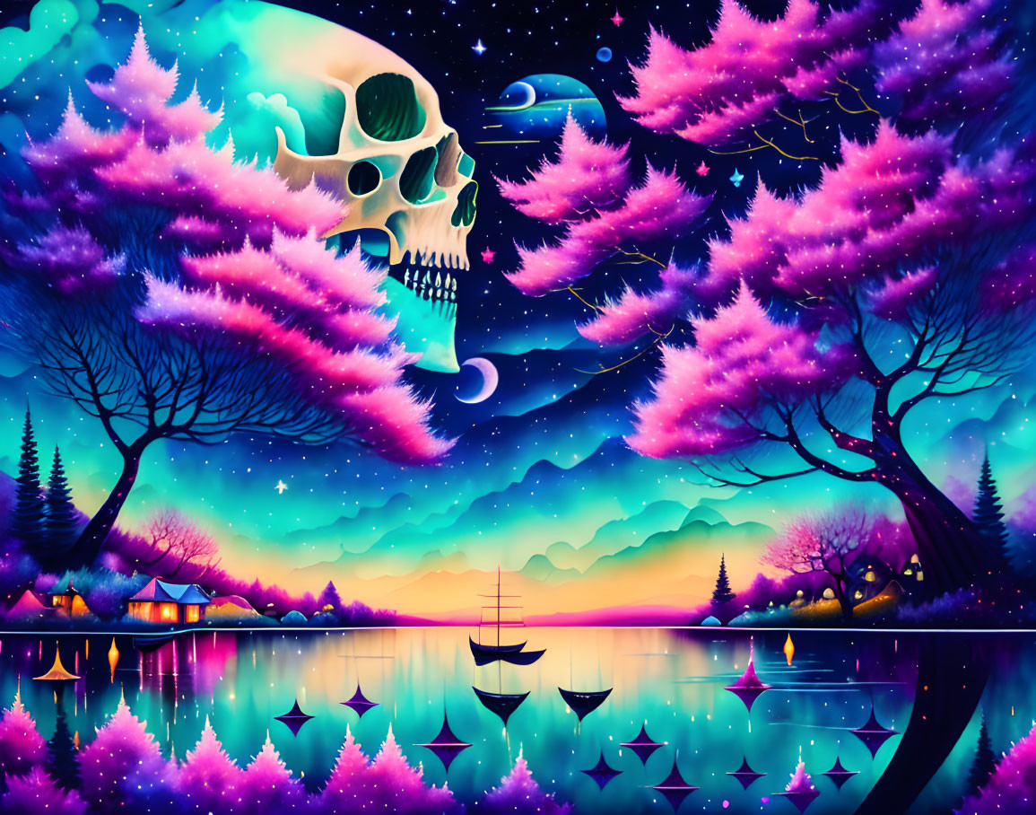 Colorful surreal landscape with pink trees, skull in the sky, boats on lake, houses under star