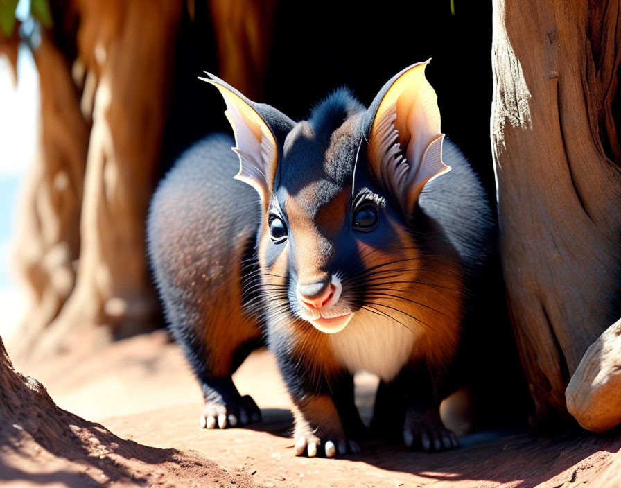 Whimsical creature with large ears and bushy eyebrows in sunlight