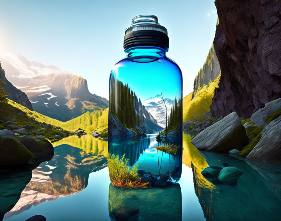 Transparent water bottle with miniature mountain landscape inside.