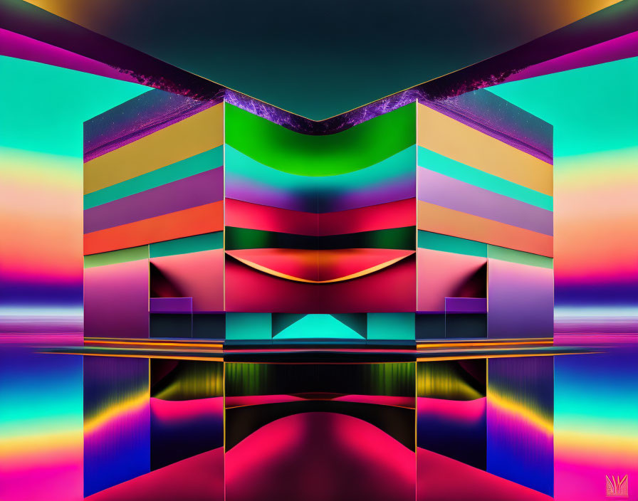 Symmetrical Abstract Digital Art: Neon Stripes & Geometric Shapes on Sunset Gradient