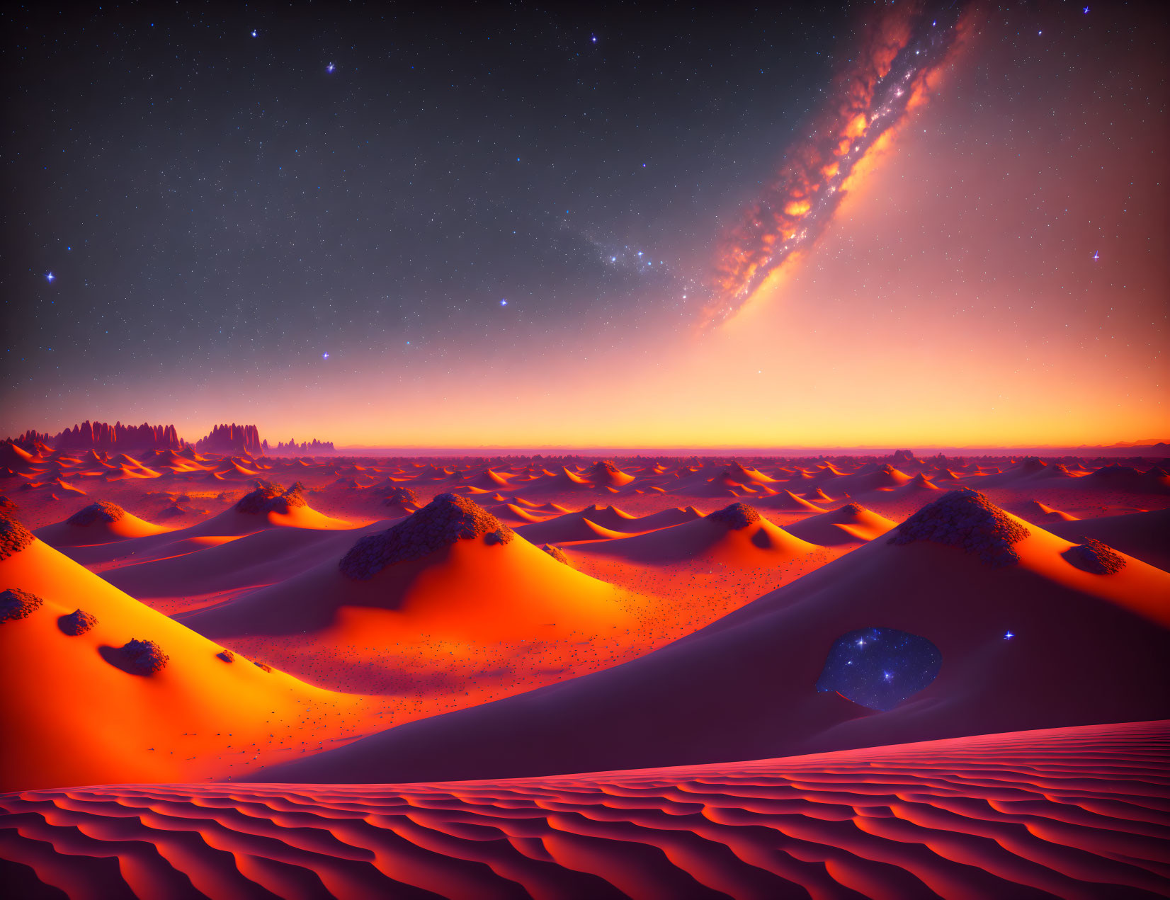 Surreal red sand dunes under twilight sky with galaxy and stars