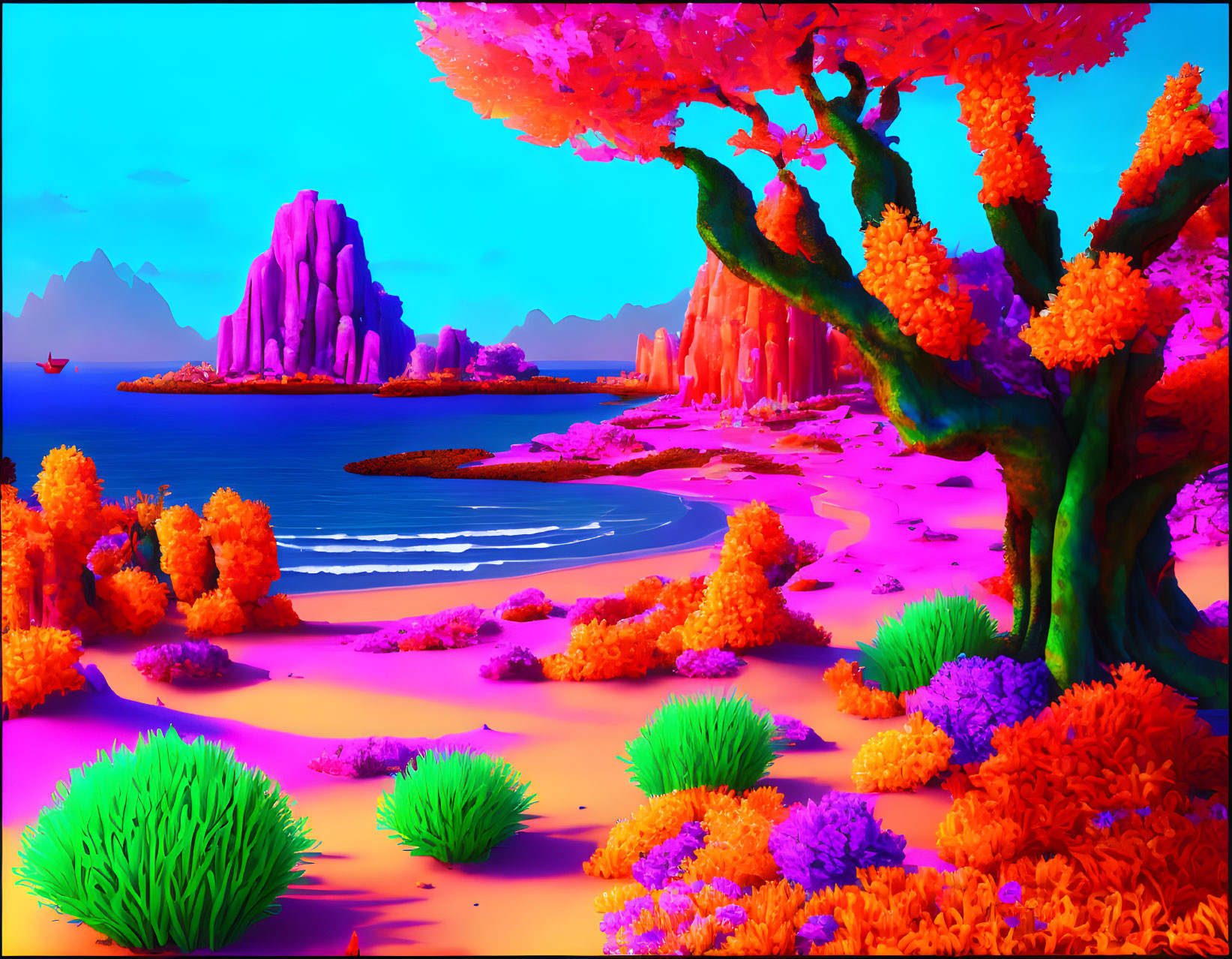 Vibrant landscape with neon pink sand, turquoise sea, and colorful foliage