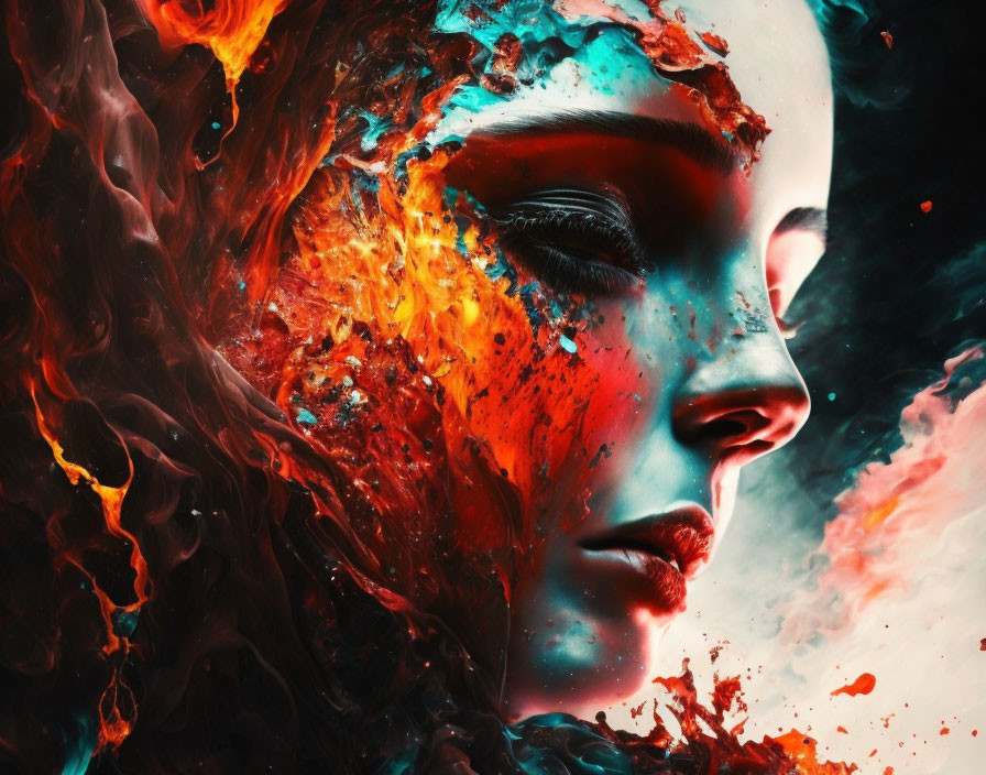 Digital artwork: Woman's profile merging with dynamic flames and red/blue splashes