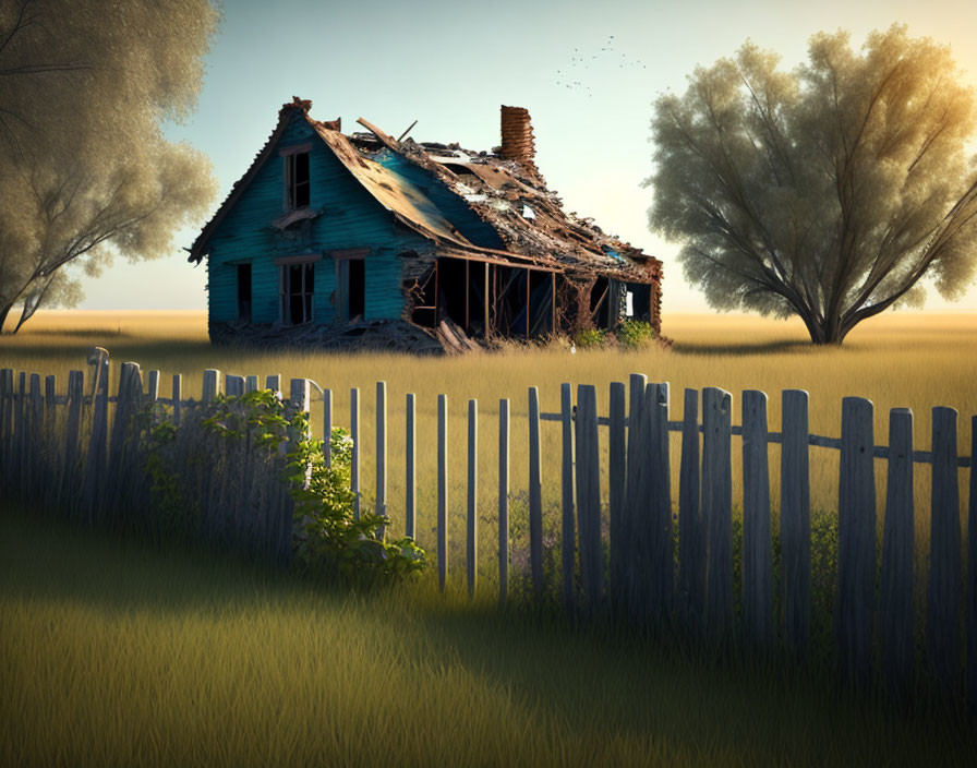 Decaying blue house with damaged roof in overgrown grass, behind broken fence at dusk with trees and