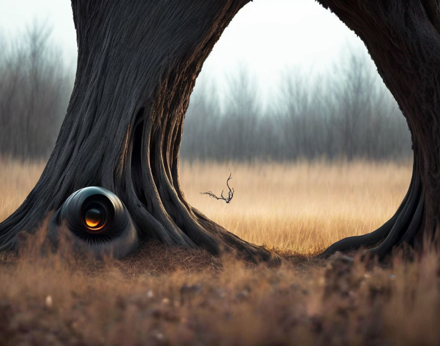 Curved trunk trees form round frame with surreal black orb in field