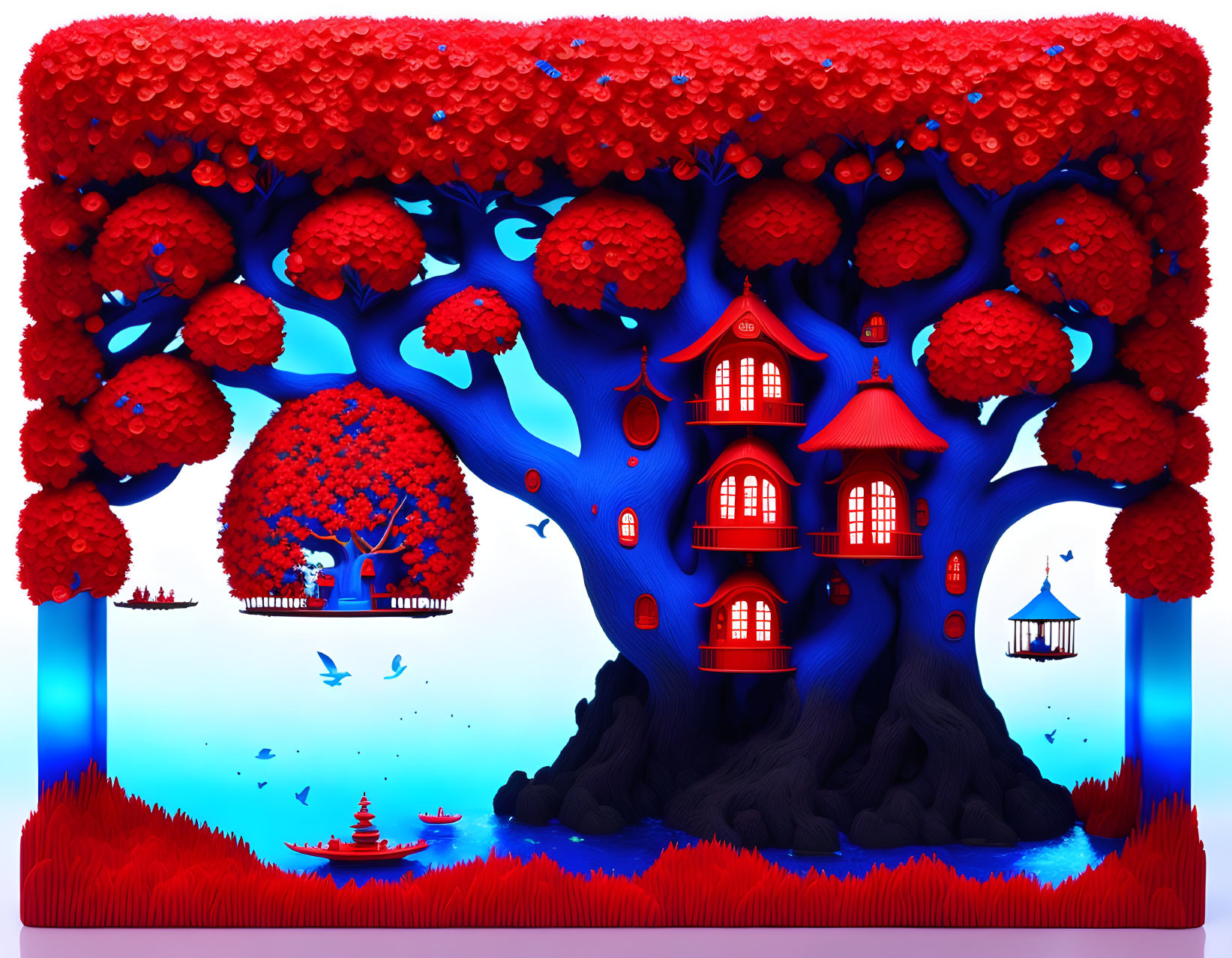 Colorful illustration of red-foliaged tree with blue house, surrounded by red trees and blue birds