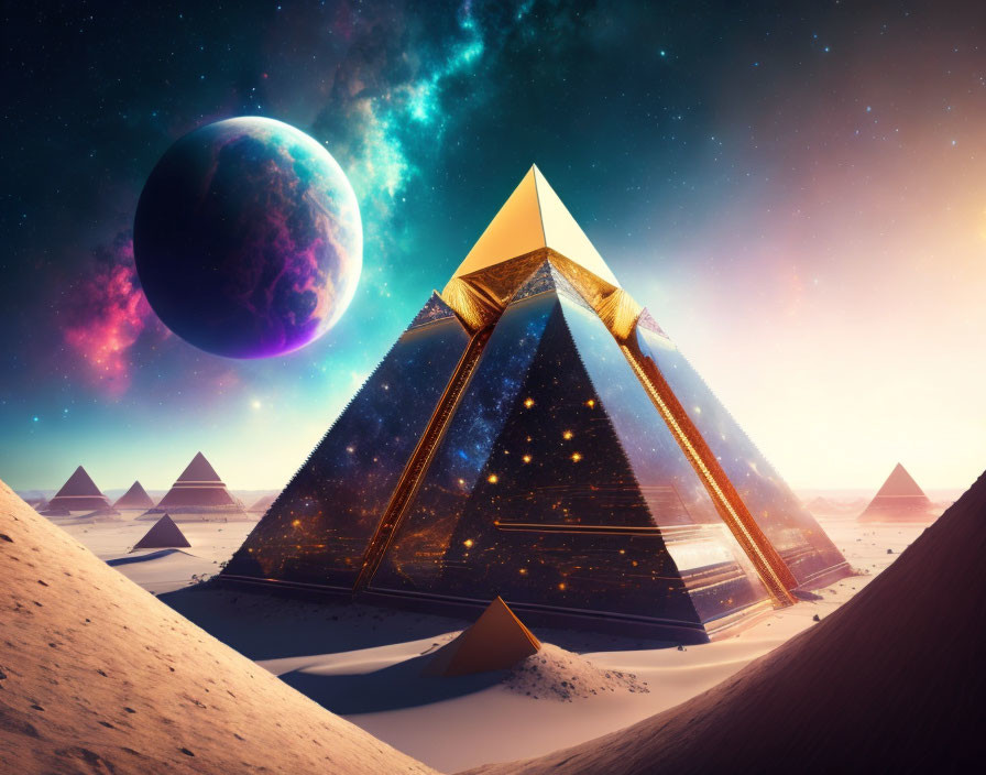 Pyramids under cosmic sky with oversized planet - blend of ancient symbols and sci-fi elements