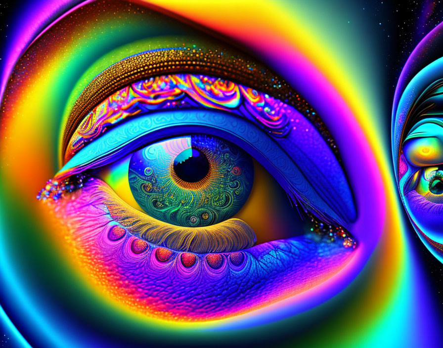 Colorful Psychedelic Digital Artwork of Detailed Eye with Swirling Patterns