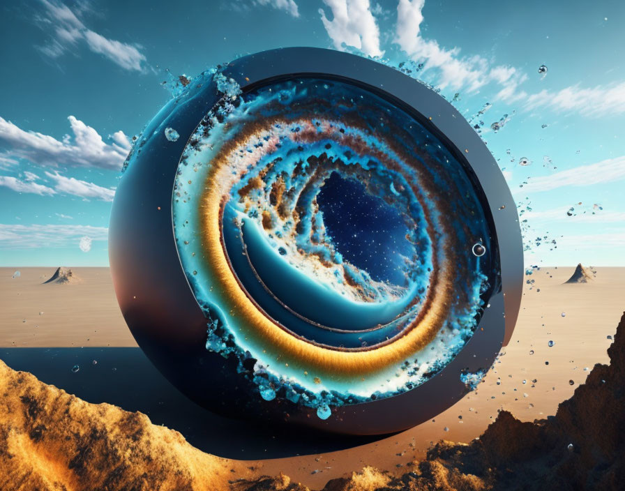 Surreal spherical portal with swirling water in desert landscape