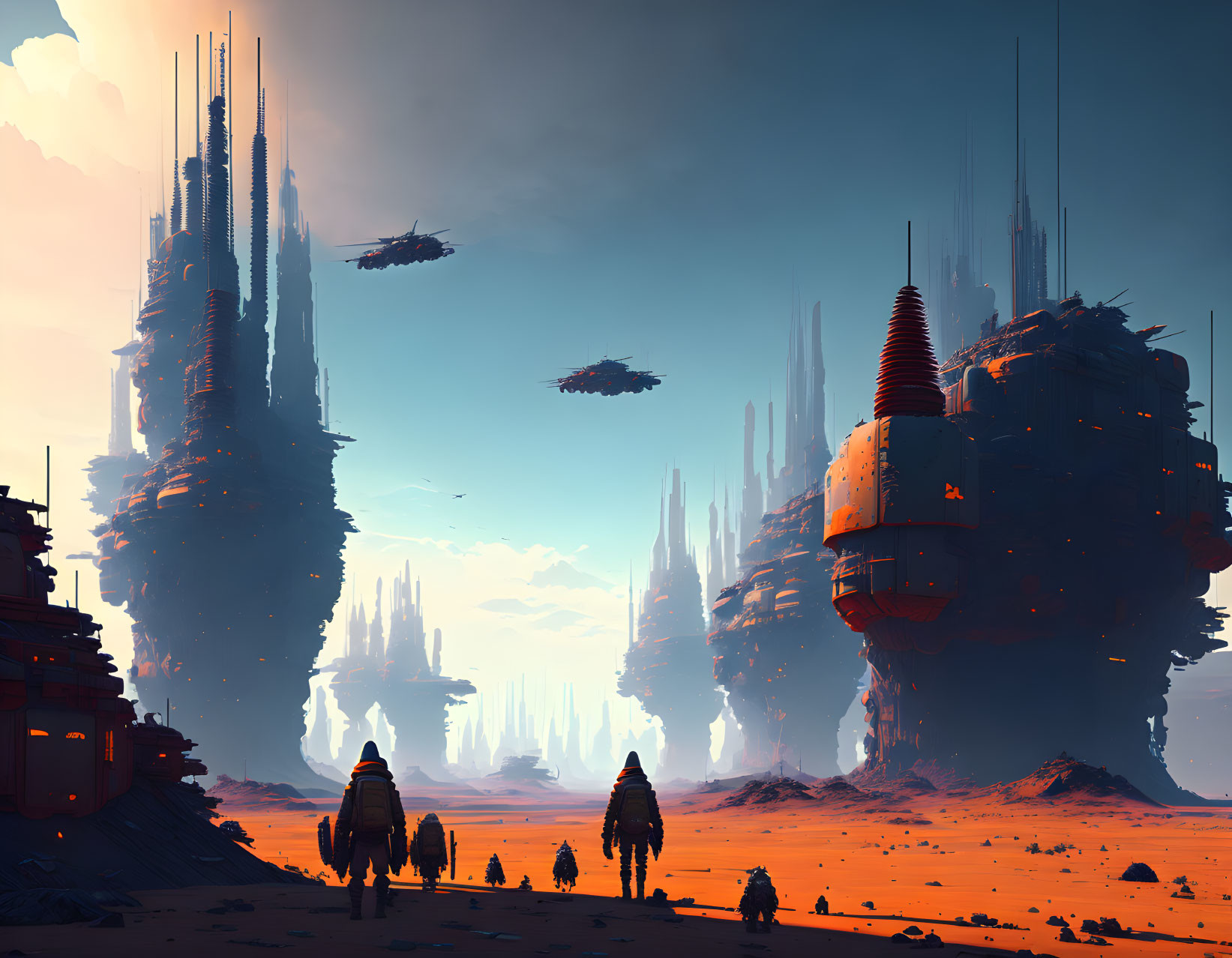 Figures walking towards futuristic structures in desert landscape with flying spacecraft.