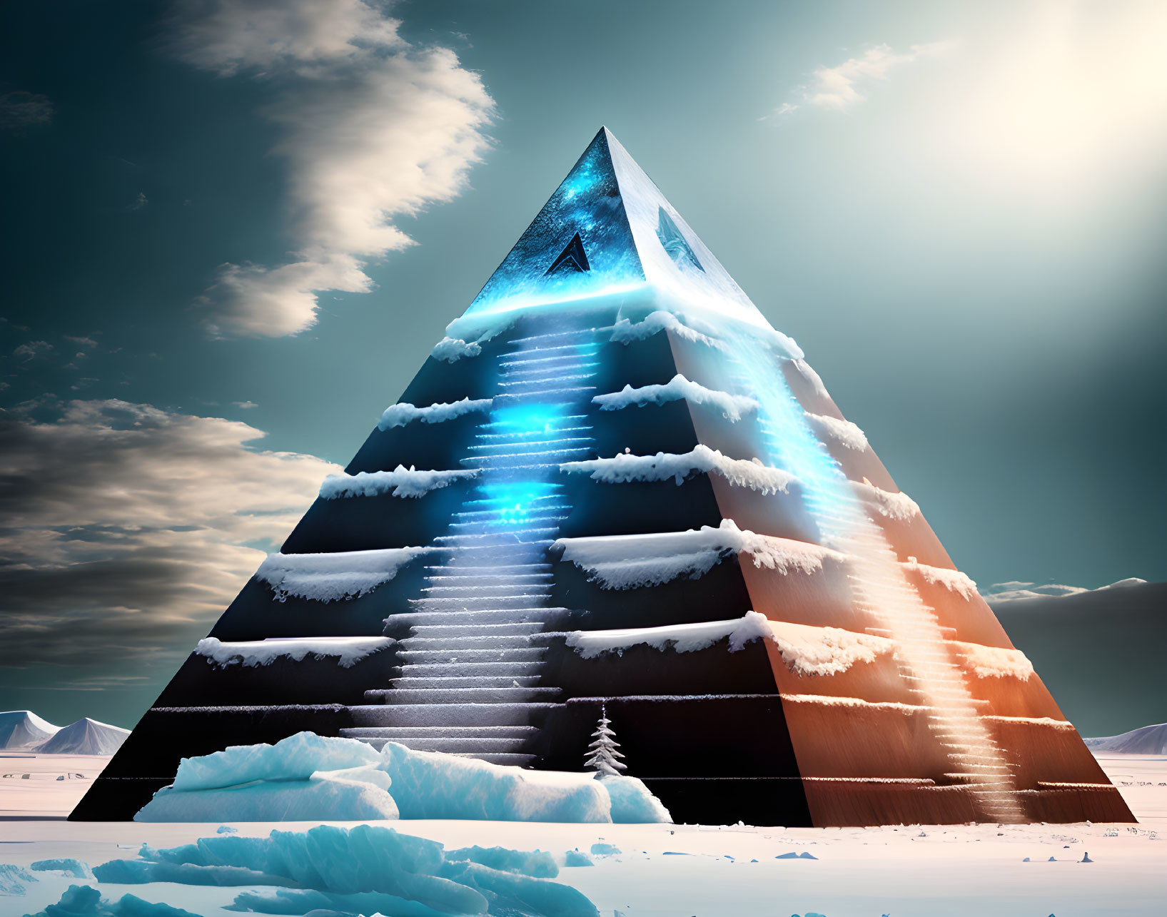 Surreal snowy pyramid structure in icy landscape