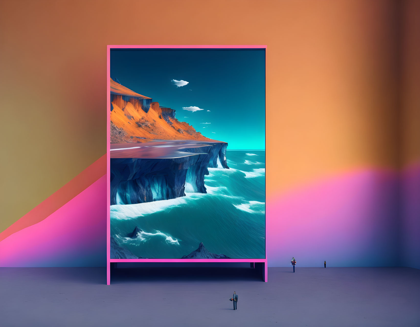 Surreal artwork: portal frame with inverted desert cliffs, ocean, and gradient sky