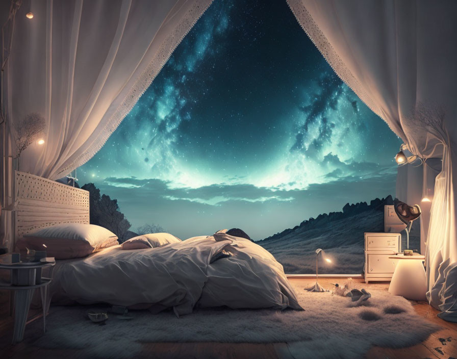 Bedroom with open wall view of starry night sky and serene outdoor setting.