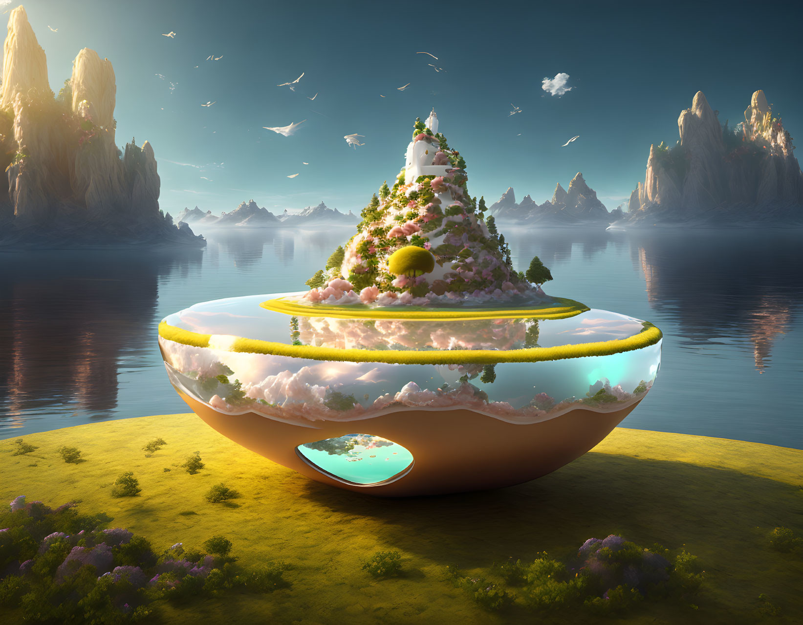 Whimsical landscape featuring lemon dessert island, rocks, and birds