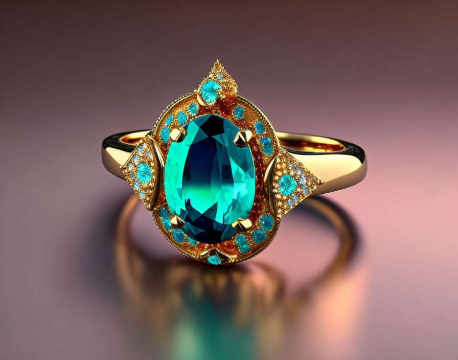 Gold Ring with Oval Blue Gemstone & Diamonds on Reflective Surface