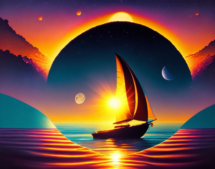 Colorful digital art: sailboat on wavy waters with cosmic backdrop