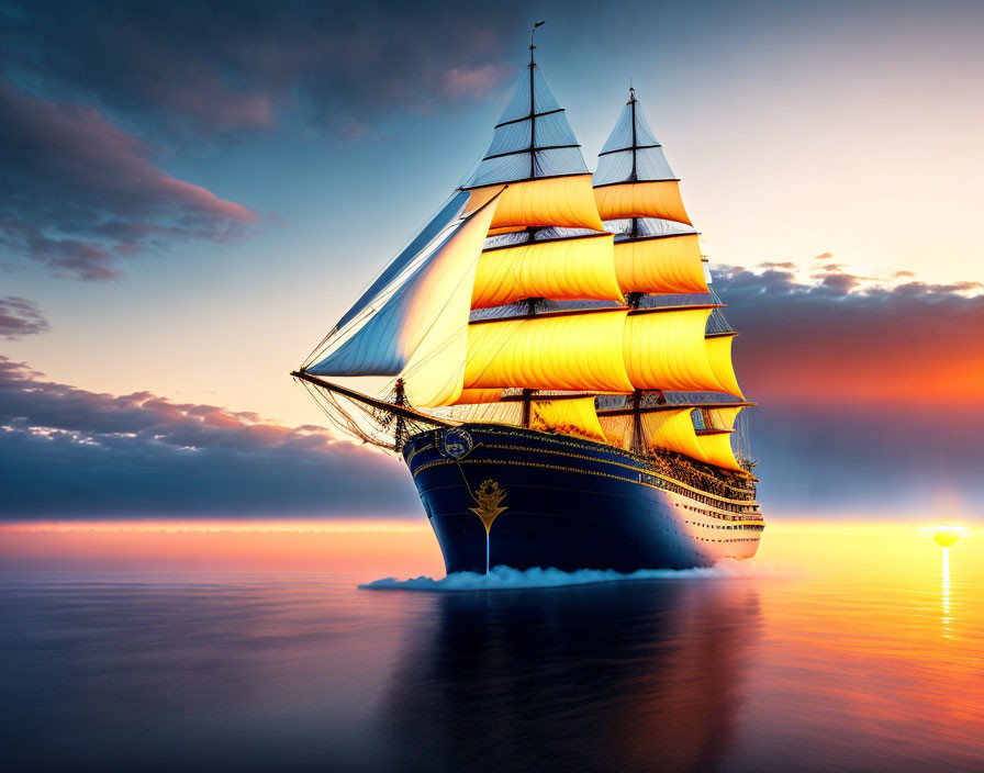 Majestic sailing ship on calm waters at sunset