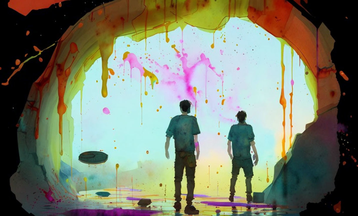 Silhouetted figures in front of colorful paint-splattered cave opening