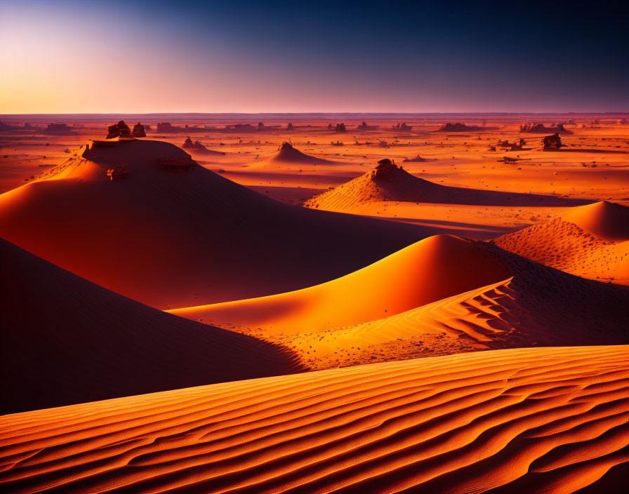 Colorful desert sunset with sand dunes and shadowy contours.