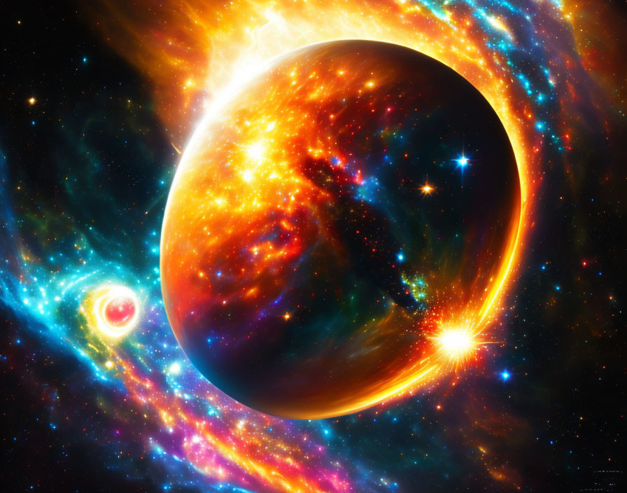 Colorful space scene with exoplanet, nebulas, stars, and galaxy.