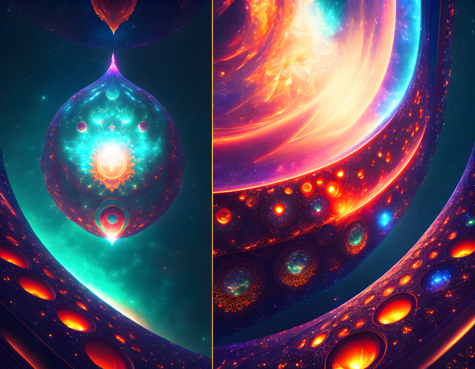 Colorful cosmic scene with glowing orb and swirling patterns.