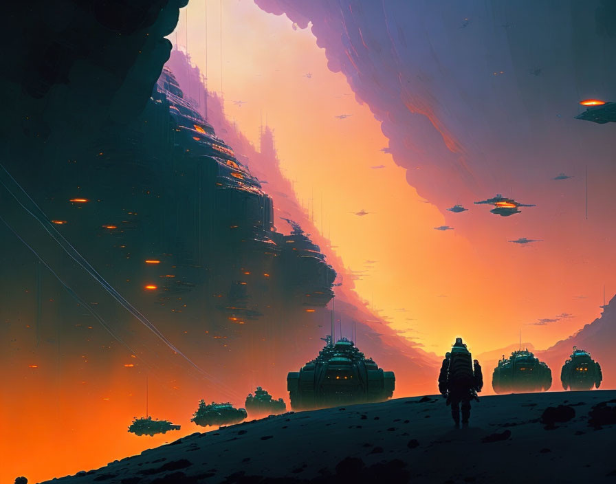 Figure Walking on Alien Landscape at Sunset with Rock Formations and Futuristic Vehicles