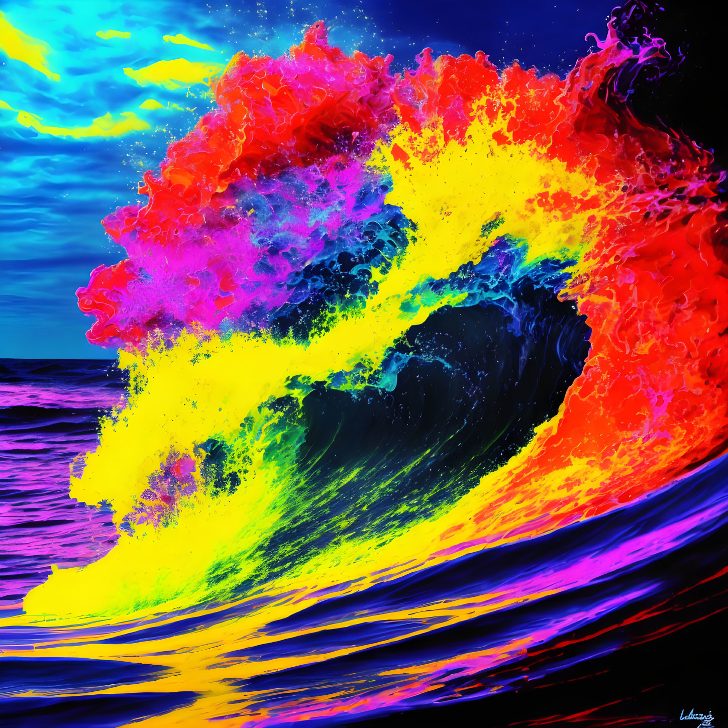 Colorful neon wave crashing in dark sea under vibrant sky